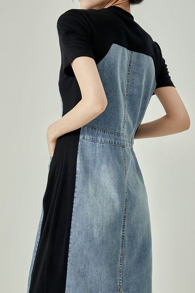 Mixed Material Contrast Back Slit Long Shift Denim Dress
