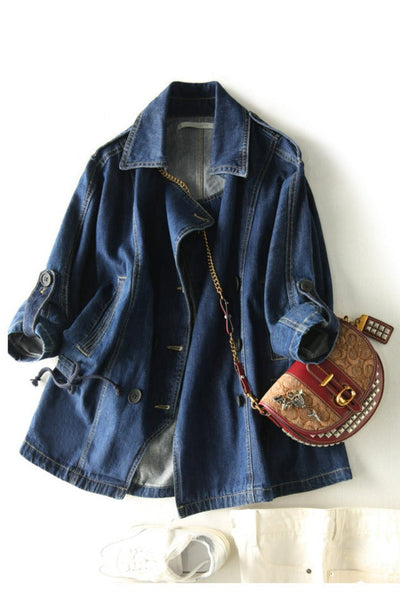 Lapel Collar Drawstring Denim Jacket