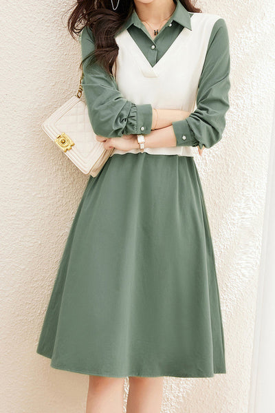 Layered Look Polo Collar Buckle Belted Dress - 3 Colors Available