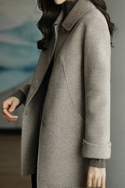 Stand Collar Turn-Up Cuff Melton Coat with Lining
