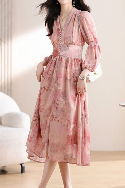 Early Autumn Exquisite Floral Long-Sleeve Dress