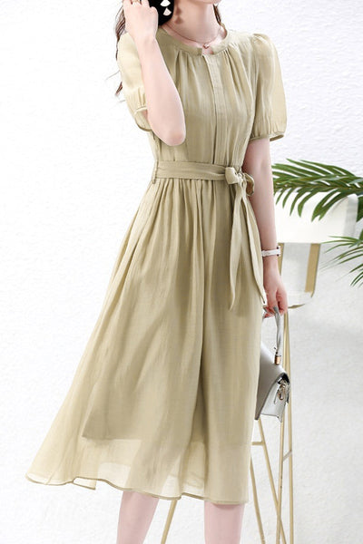 Nail Color Pintuck Belted Long Dress with Lining - 3 Colors Available