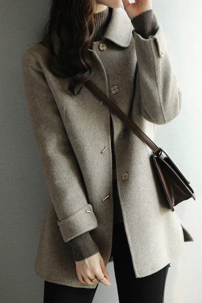 Stand Collar Turn-Up Cuff Melton Coat with Lining