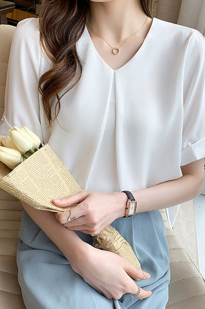 V-Neck Front Tuck-In Short Sleeve Blouse - 2 Colors Available