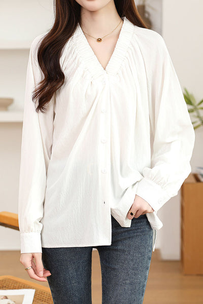 Early Autumn Stylish Ruched V-Neck Shirt