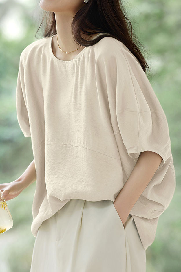 Solid Color Textured Drop Shoulder Bat Sleeve Shirt
