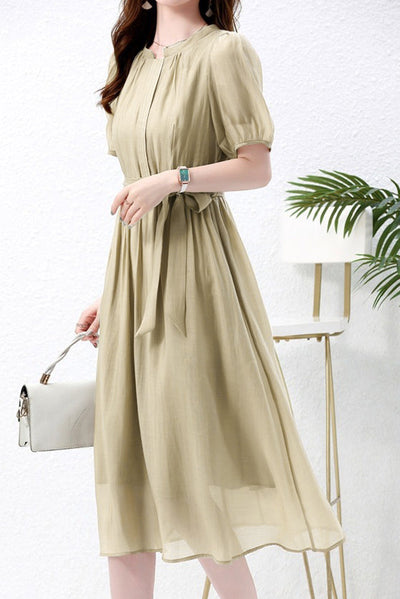 Nail Color Pintuck Belted Long Dress with Lining - 3 Colors Available