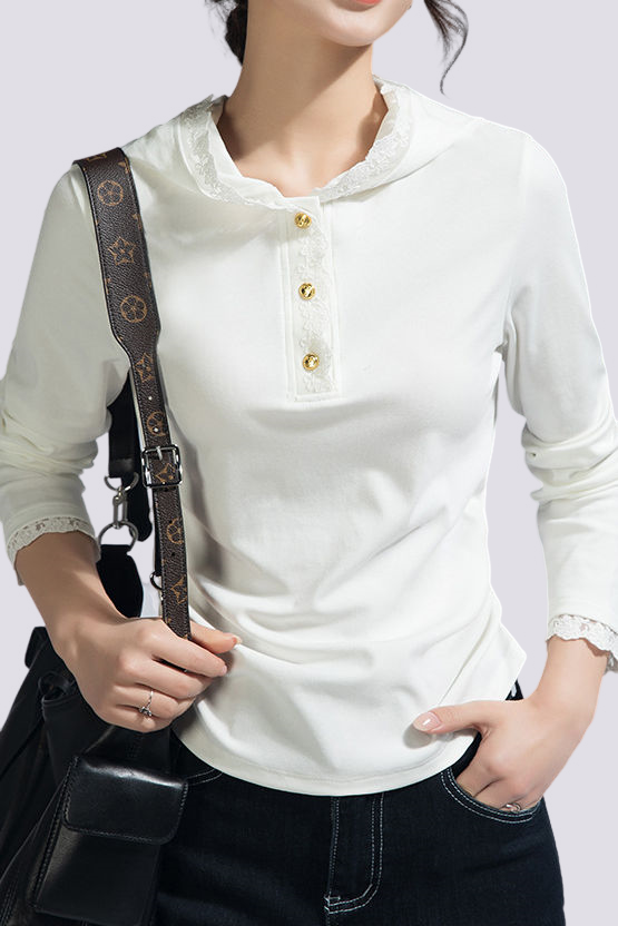 Casual Lace Long-Sleeve Edge Hooded T-Shirt
