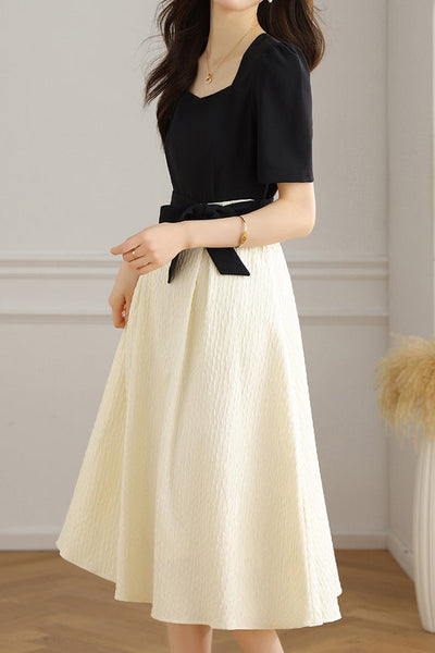 Bi-Color Square Neck Tie-Belted Flare Dress with Lining