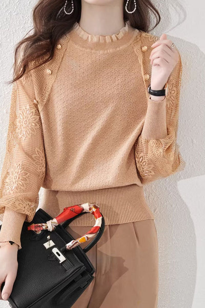 Button Decor Flower Tulle Sleeve Knit Top - 3 Colors Available
