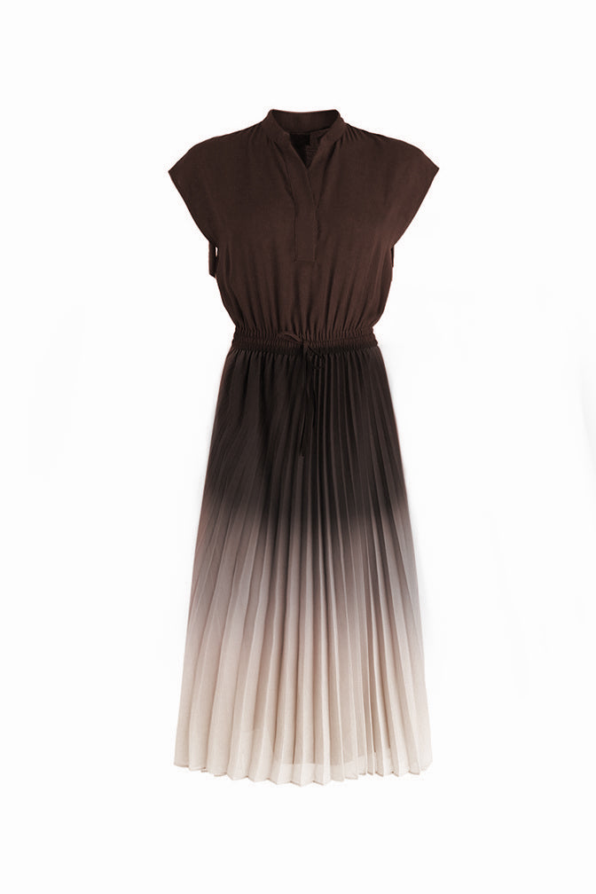 Key Neck Ombre Pleated Dress with Lining - 3 Colors Available