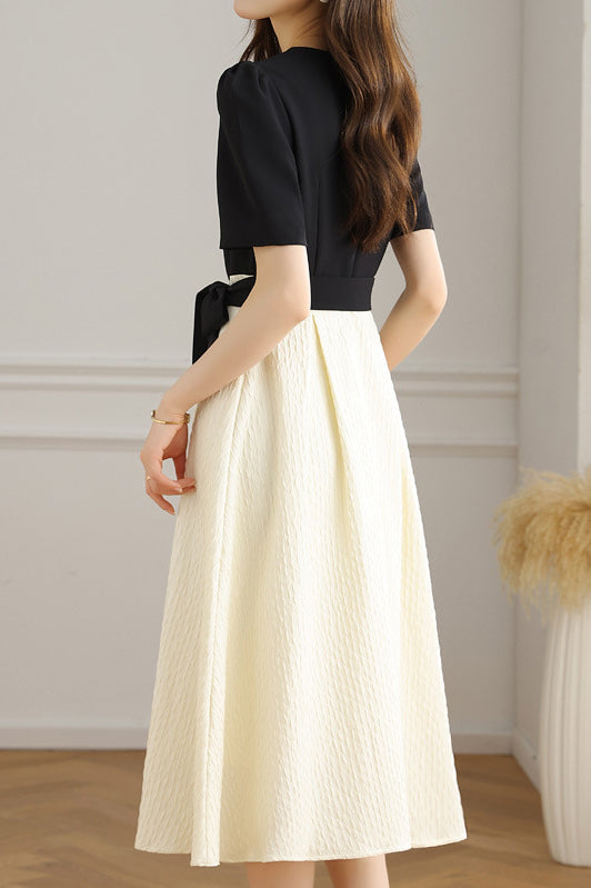 Bi-Color Square Neck Tie-Belted Flare Dress with Lining