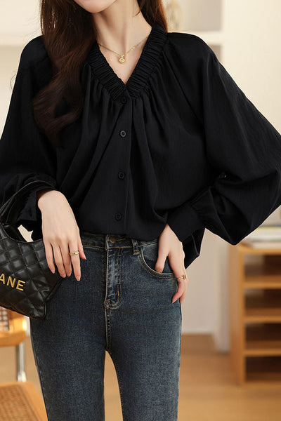 Early Autumn Stylish Ruched V-Neck Shirt