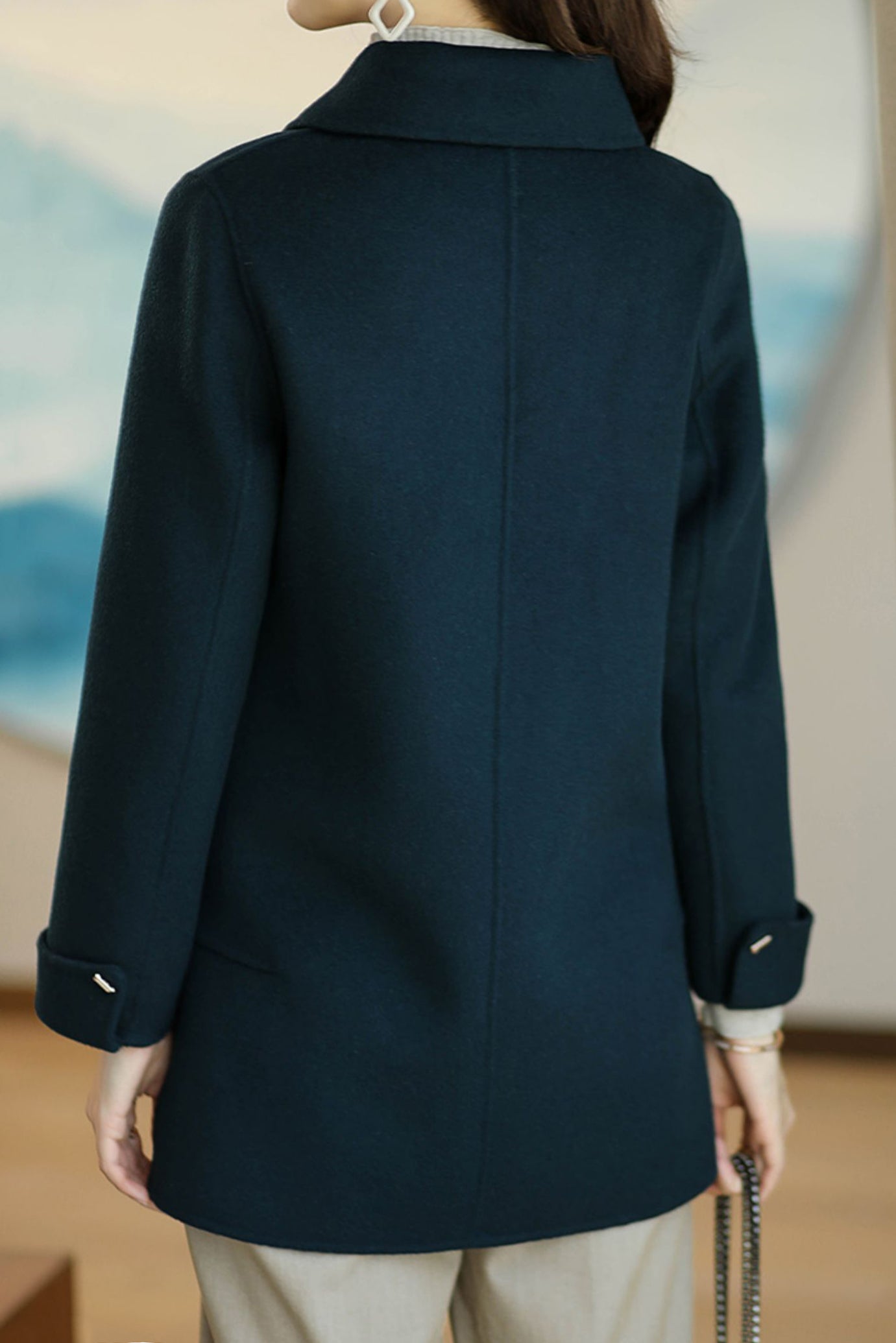 Stand Collar Turn-Up Cuff Melton Coat with Lining