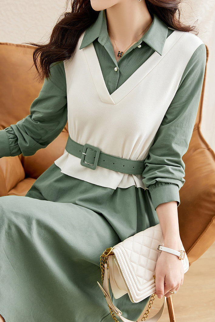 Layered Look Polo Collar Buckle Belted Dress - 3 Colors Available