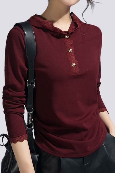 Casual Lace Long-Sleeve Edge Hooded T-Shirt