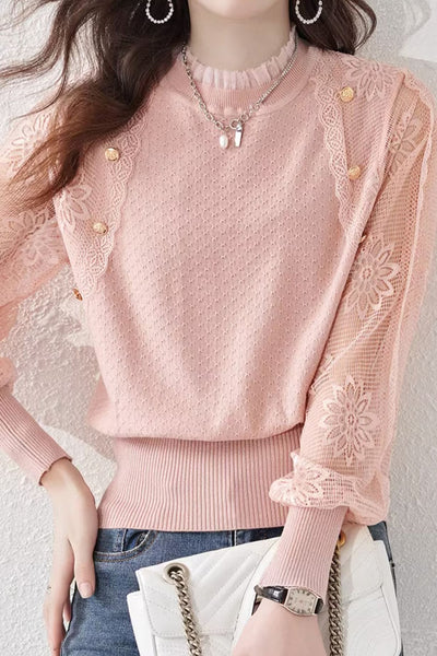 Button Decor Flower Tulle Sleeve Knit Top - 3 Colors Available