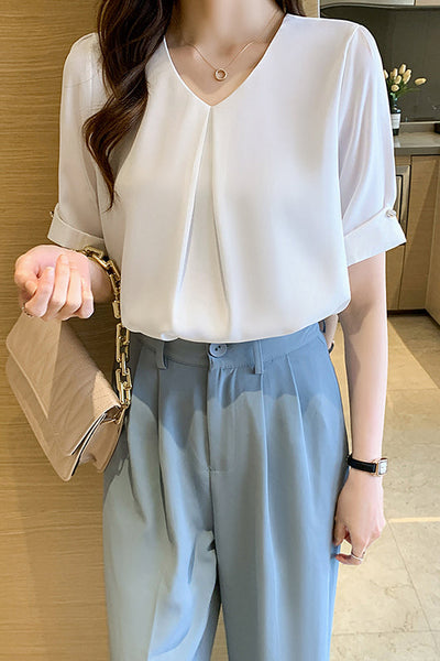 V-Neck Front Tuck-In Short Sleeve Blouse - 2 Colors Available