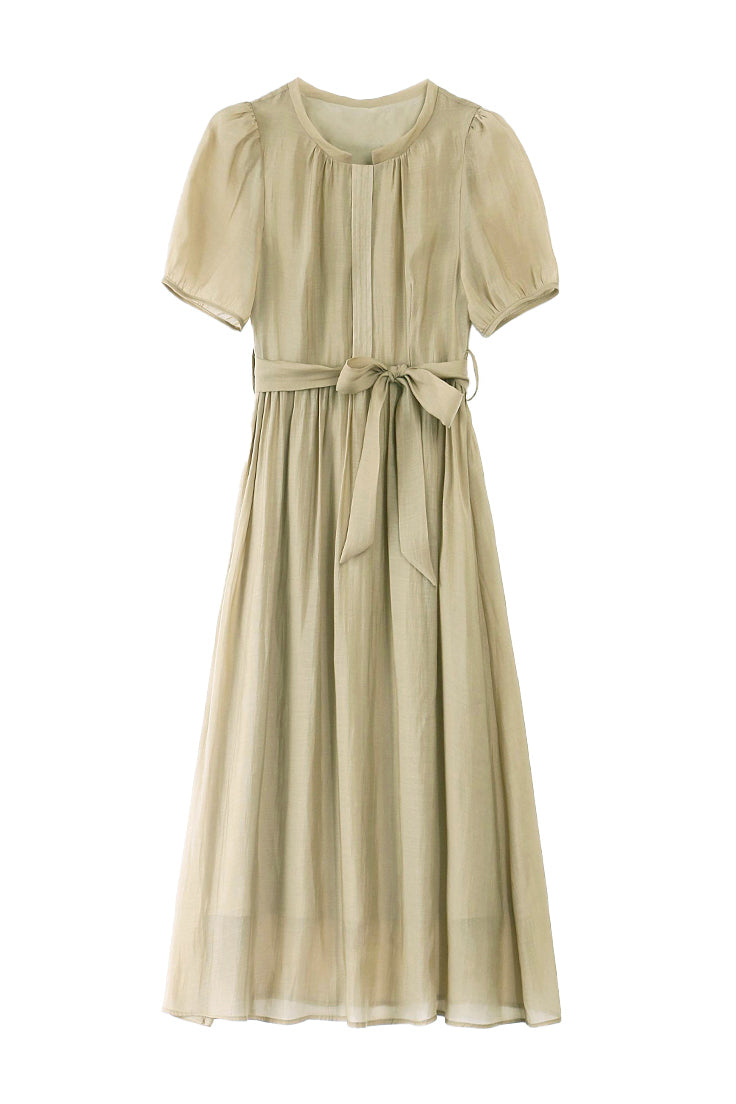 Nail Color Pintuck Belted Long Dress with Lining - 3 Colors Available