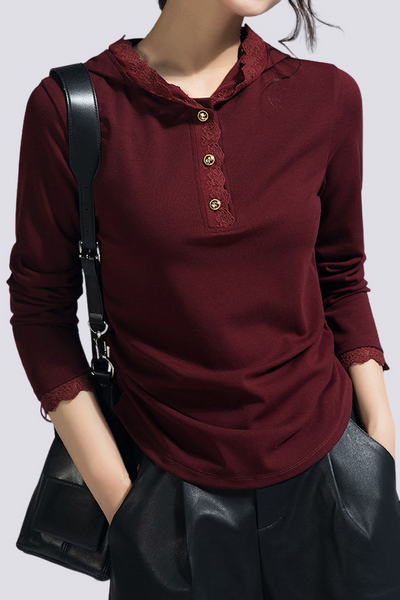Casual Lace Long-Sleeve Edge Hooded T-Shirt