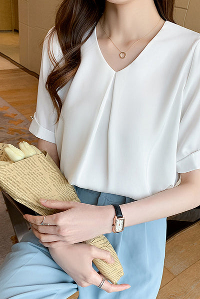 V-Neck Front Tuck-In Short Sleeve Blouse - 2 Colors Available