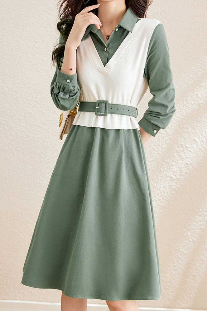 Layered Look Polo Collar Buckle Belted Dress - 3 Colors Available