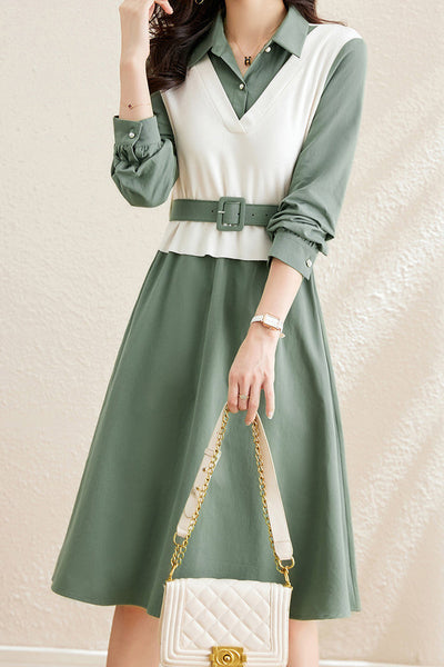 Layered Look Polo Collar Buckle Belted Dress - 3 Colors Available