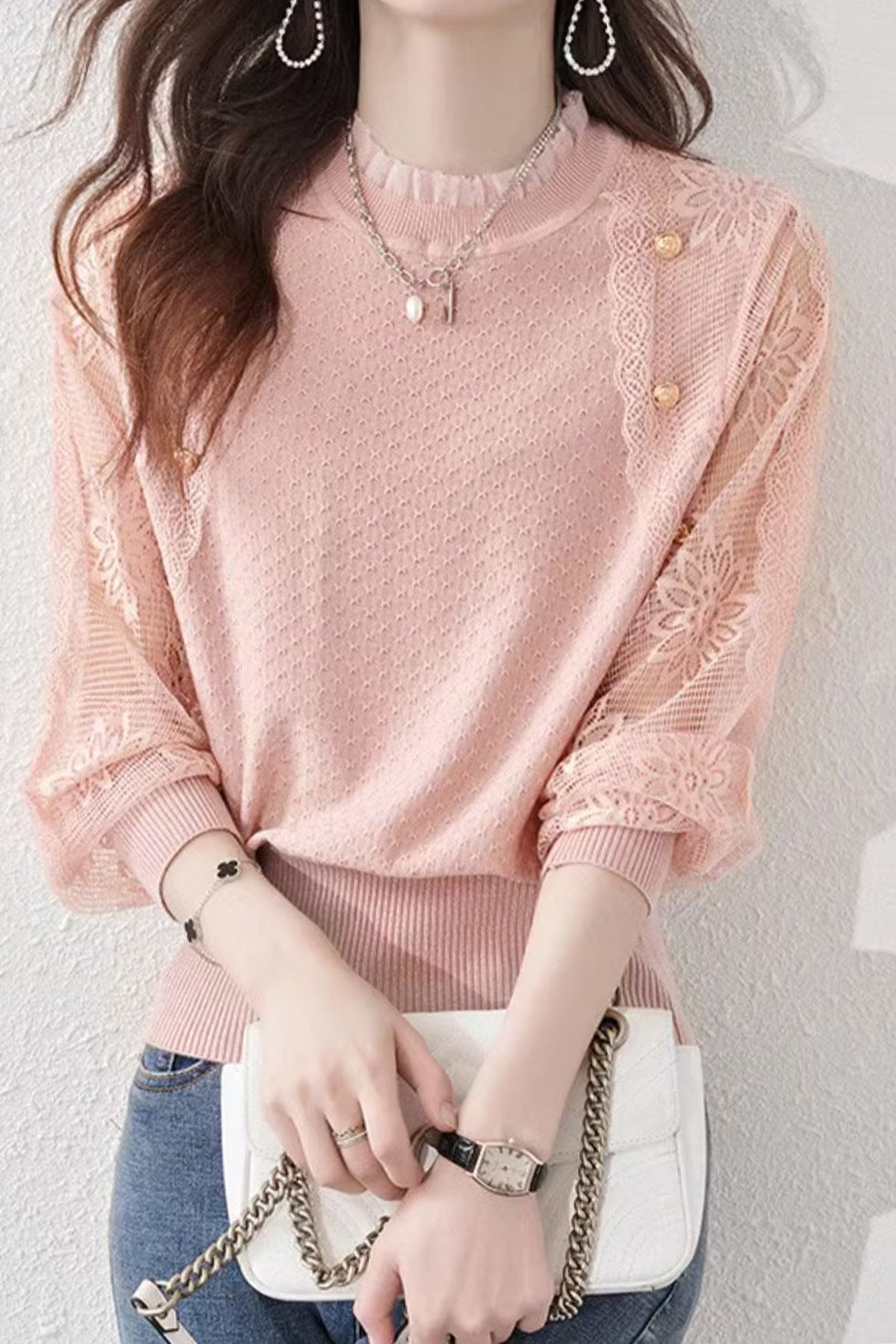 Button Decor Flower Tulle Sleeve Knit Top - 3 Colors Available
