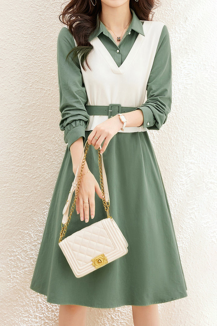 Layered Look Polo Collar Buckle Belted Dress - 3 Colors Available