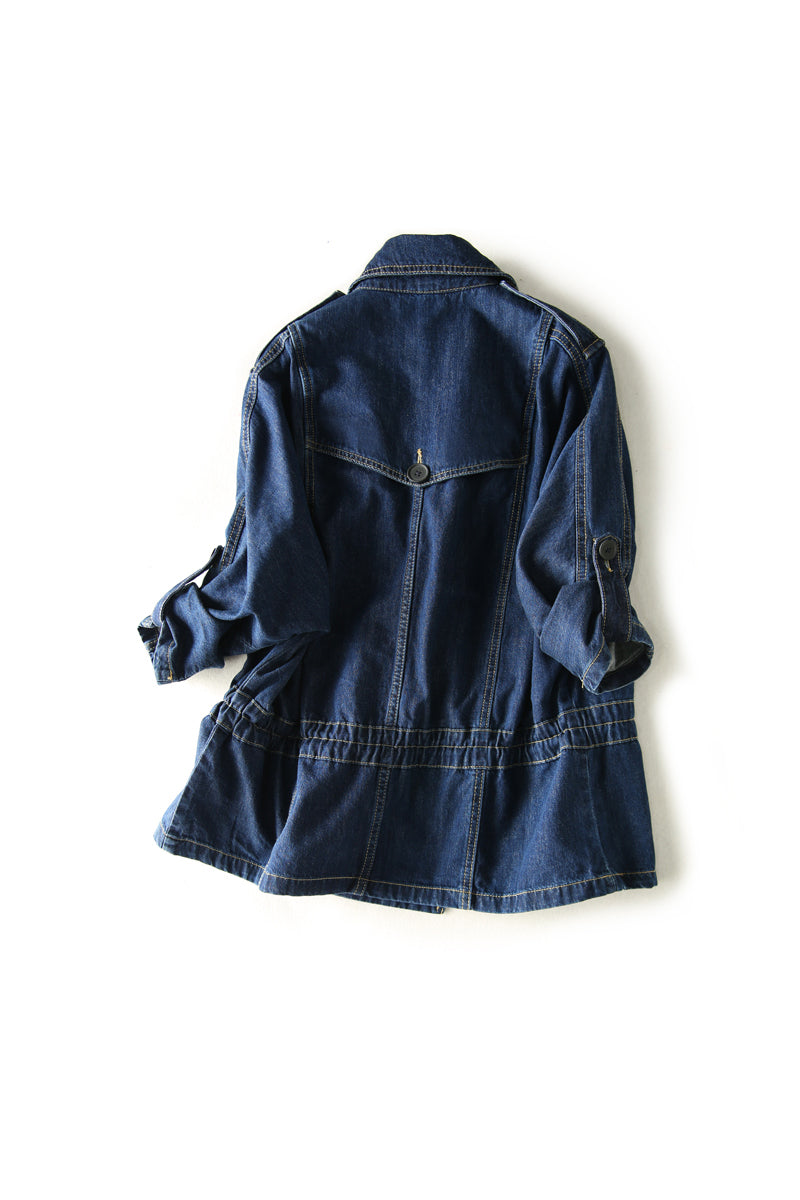 Lapel Collar Drawstring Denim Jacket