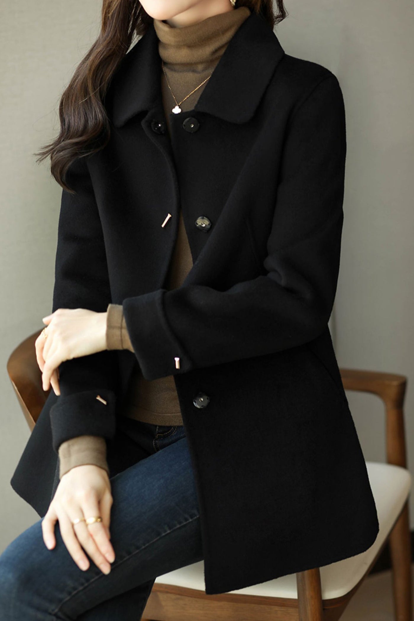 Stand Collar Turn-Up Cuff Melton Coat with Lining