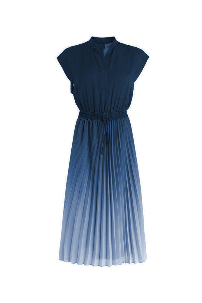 Key Neck Ombre Pleated Dress with Lining - 3 Colors Available