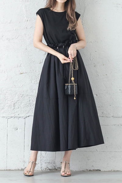 Round Neck Drawstring Docking Maxi Dress with Lining