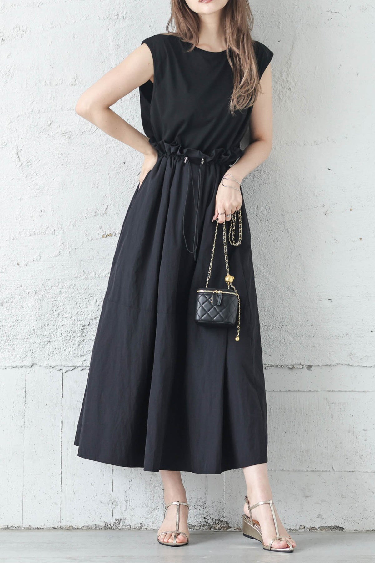 Round Neck Drawstring Docking Maxi Dress with Lining