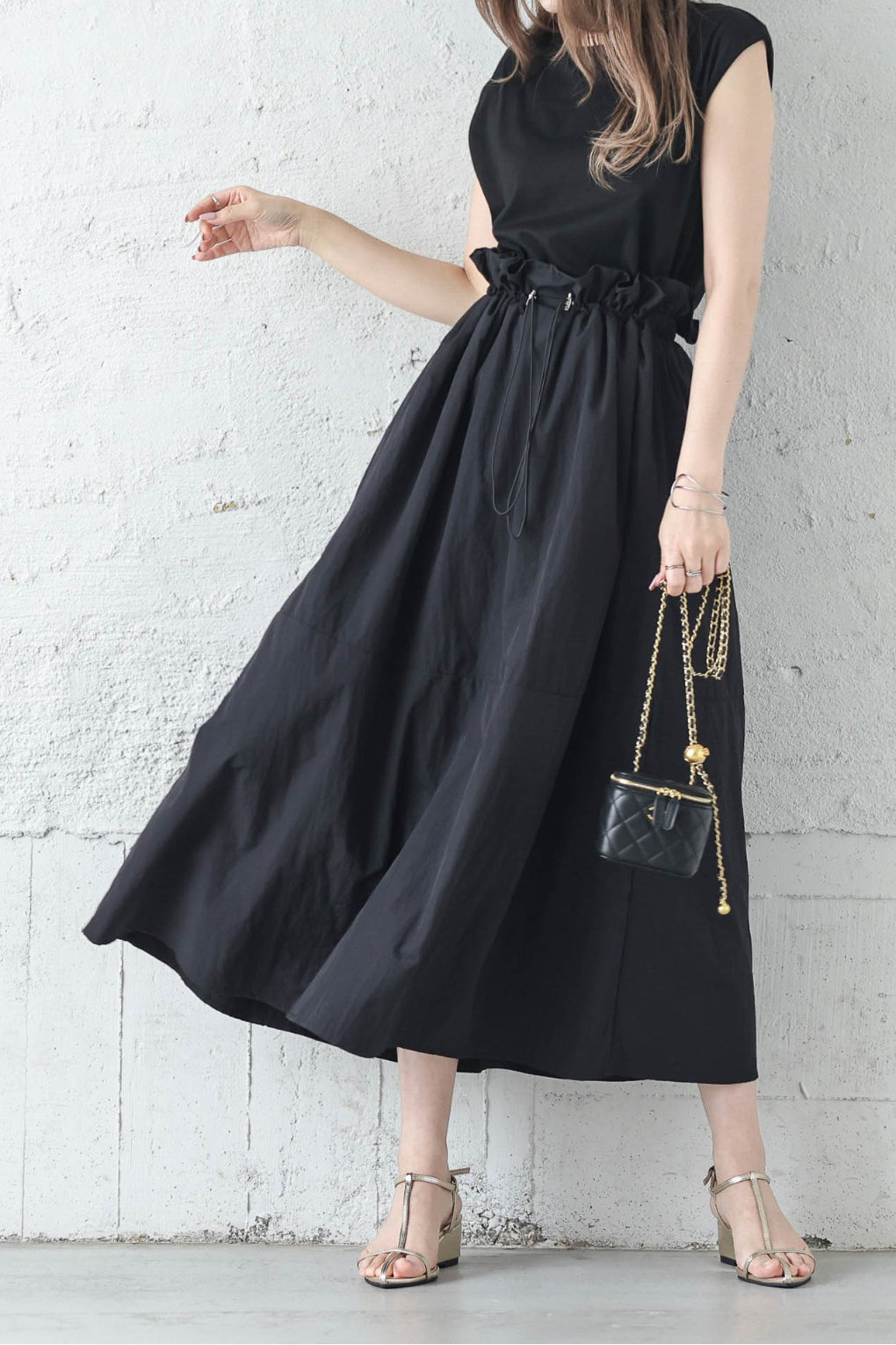 Round Neck Drawstring Docking Maxi Dress with Lining