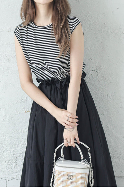 Round Neck Drawstring Docking Maxi Dress with Lining