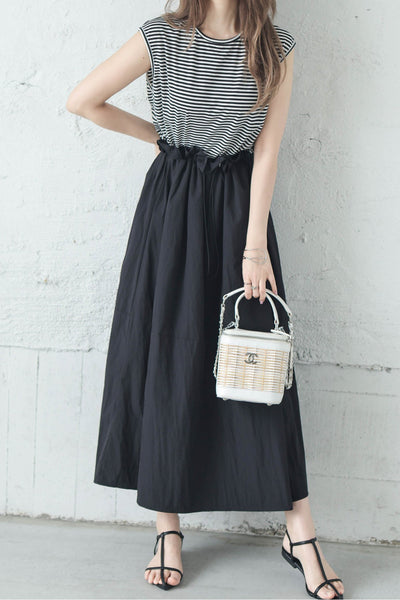 Round Neck Drawstring Docking Maxi Dress with Lining