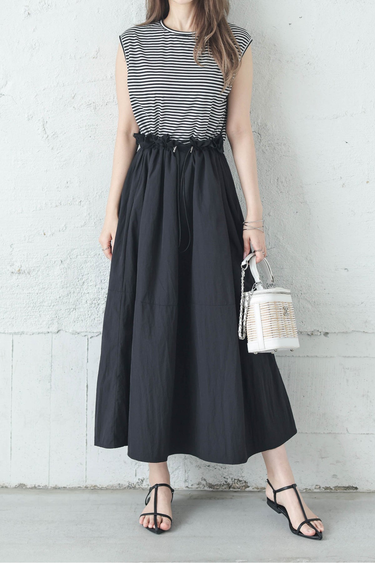 Round Neck Drawstring Docking Maxi Dress with Lining