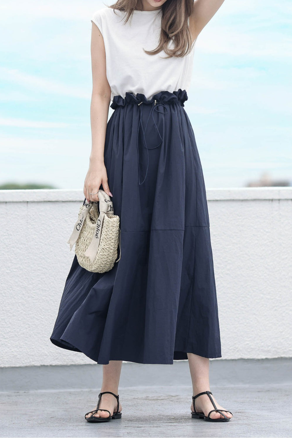 Round Neck Drawstring Docking Maxi Dress with Lining