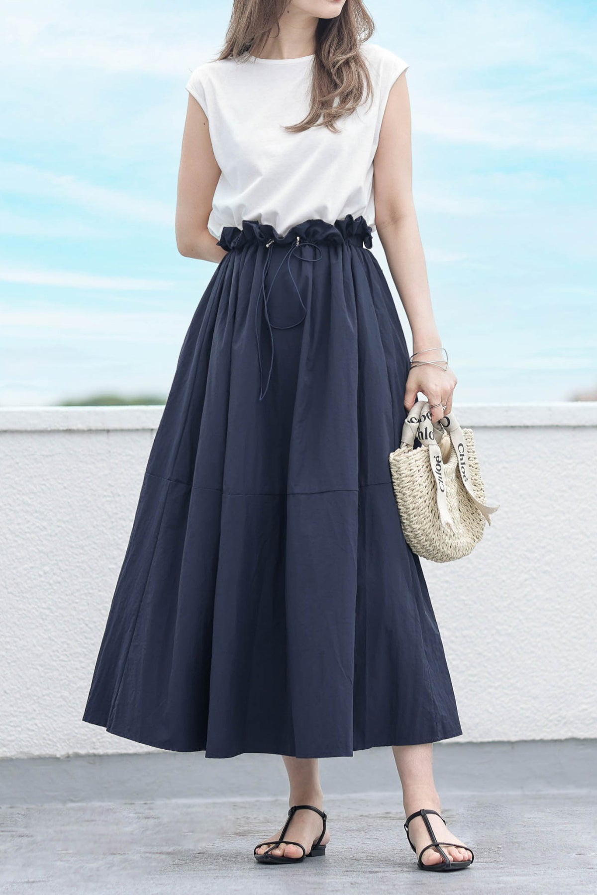 Round Neck Drawstring Docking Maxi Dress with Lining
