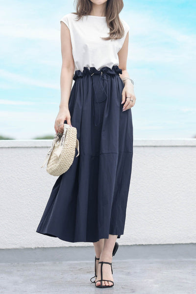 Round Neck Drawstring Docking Maxi Dress with Lining