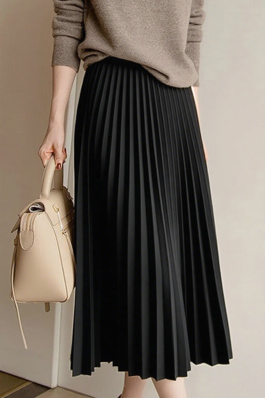 Early autumn woolen pleated midi skirt