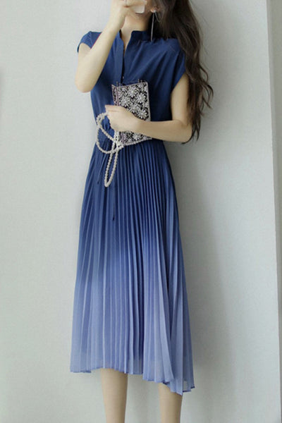 Key Neck Ombre Pleated Dress with Lining - 3 Colors Available