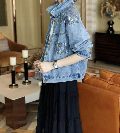 Sequin-Spliced Denim Jacket