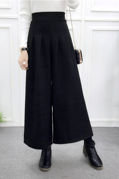 High-Waisted Casual Wool Wide-Leg Trousers