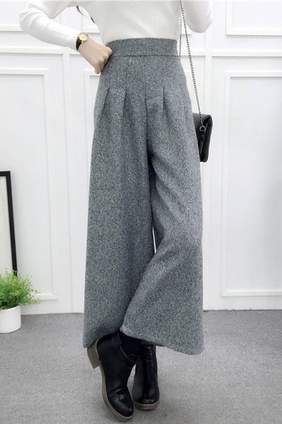 High-Waisted Casual Wool Wide-Leg Trousers
