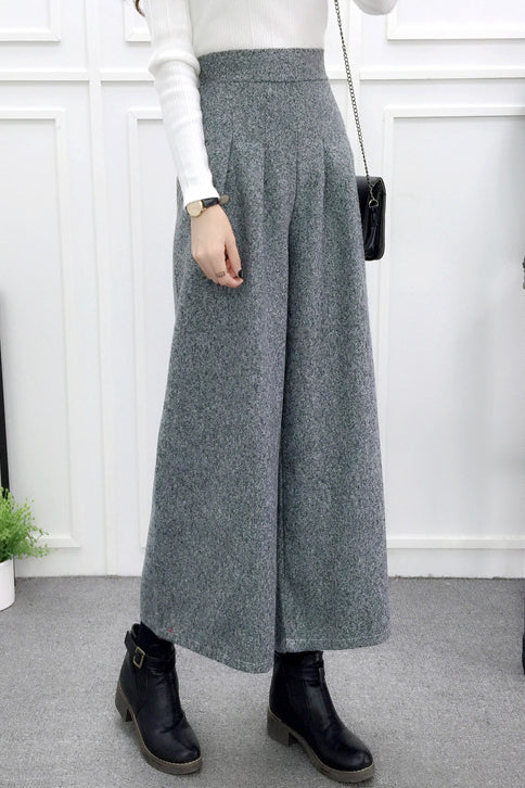 High-Waisted Casual Wool Wide-Leg Trousers