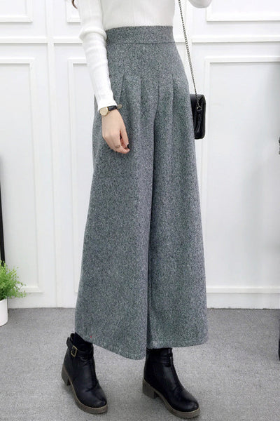 High-Waisted Casual Wool Wide-Leg Trousers