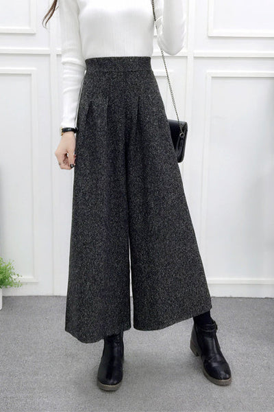 High-Waisted Casual Wool Wide-Leg Trousers