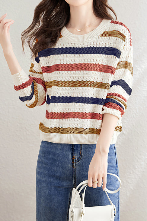 Color-Block Striped Loose Hollow-Out Long Sleeve Top